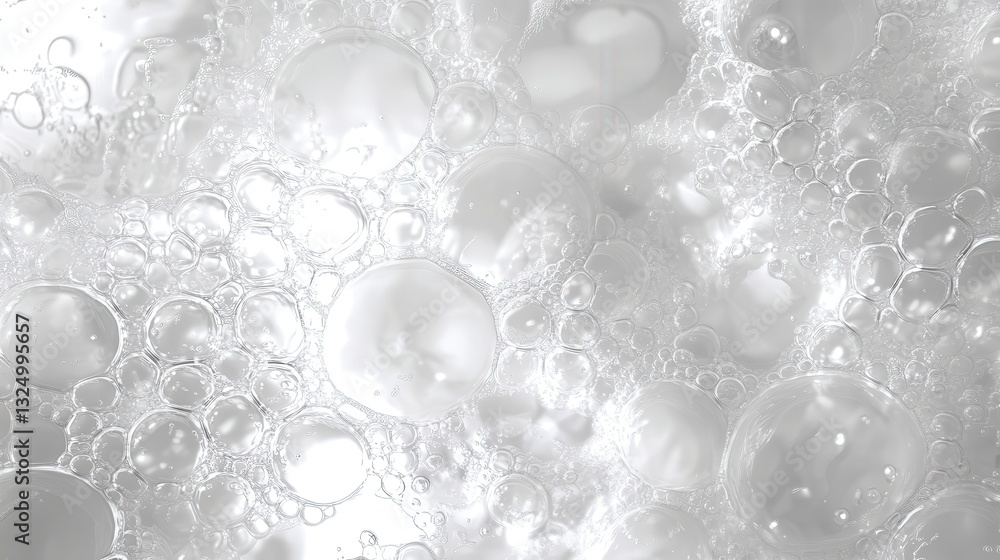 Poster translucent white bubbles clustering densely, creating intricate abstract pattern with dynamic sizes