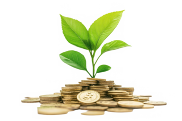 a green plant growing from a pile of gold coins, symbolizing financial growth and prosperity in investments