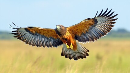 Fototapeta premium Hawk in flight over a grassy plain