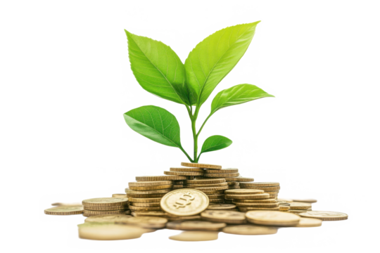  a green plant growing from a pile of gold coins, symbolizing financial growth and prosperity in investments