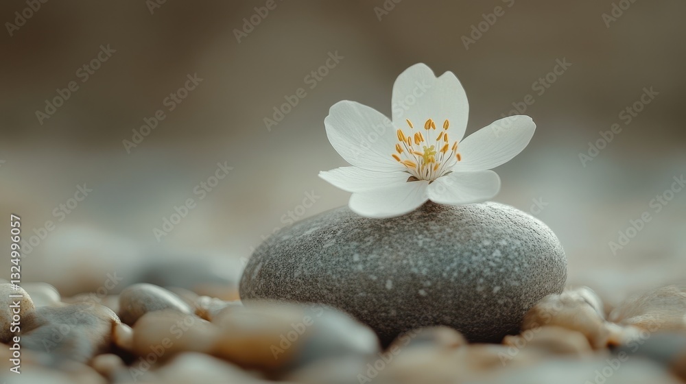 Poster delicate white flower on smooth stone surrounded by pebbles in a tranquil setting