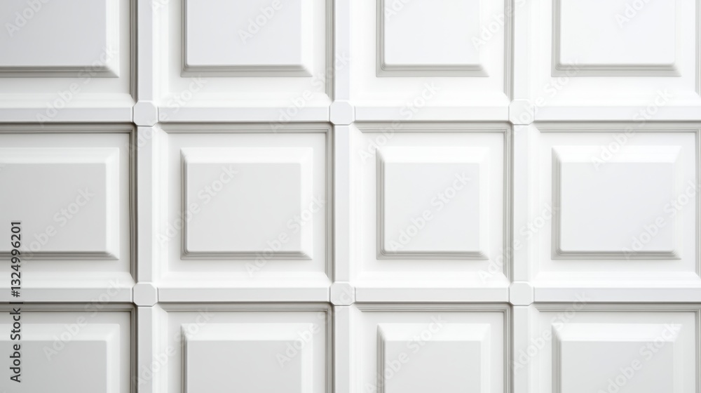 Poster white coffered ceiling forming a geometric pattern with recessed panels and decorative elements, cre