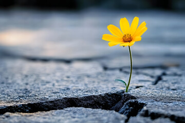An inspiring image of a vibrant yellow flower growing out of a crack in the pavement, symbolizing resilience, hope, and the beauty of life emerging from adversity.