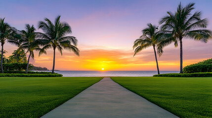 Tropical sunset pathway leading to the ocean. Lush green lawn and palm trees frame the peaceful scene