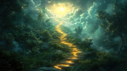 Fototapeta premium Magical golden stairway to Heaven through a mystical forest