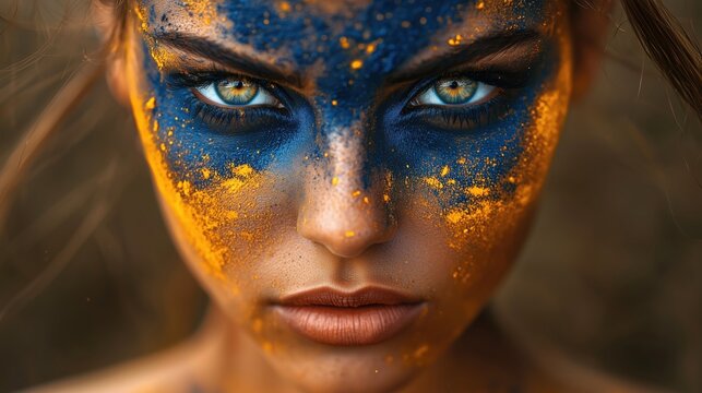 A close-up portrait of a woman with striking blue and orange face paint.