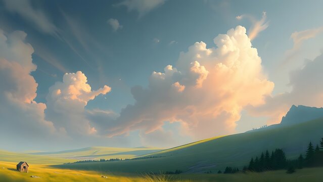 Serene countryside landscape with rolling hills and vibrant clouds at sunset.   