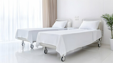 Two modern hospital beds in a clean, bright room