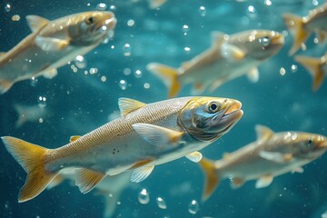 Fototapeta premium A group of fish swimming gracefully in clear blue water with bubbles.