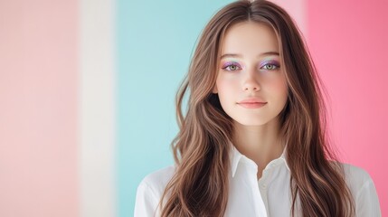 Fototapeta premium Professional headshot featuring long haired woman with bold eyeshadow, wearing white shirt, standing against pastel toned studio backdrop