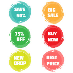 Set of sale tags stickers and decals, label template, colored 50, 75%, percentage. Discount and price tags on paper, blank, promotion. Vector illustration in flat style