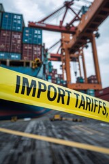 America USA united states tariffs on imports	from Canada, China and Maxico, Trade Barriers at the Harbor: Close-up on a yellow caution tape with the words "Import Tariffs"