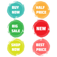 Set of sale tags stickers and decals, label template, colored. Discount and price tags on paper, blank, promotion. Vector illustration in flat style