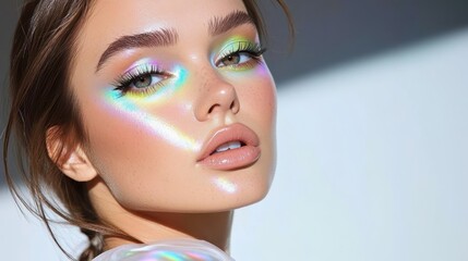 Young woman wearing iridescent makeup, highlighting creative beauty with rainbow like color reflections illuminating delicate facial features