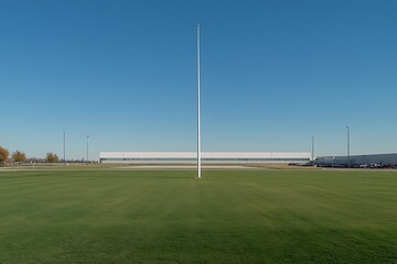 Field with tall pole, modern building, sunny sky