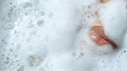 Obraz premium Luxurious soap foam covering female model's lips, highlighting relaxation and wellness center atmosphere, expressing pure serenity and sensual comfort