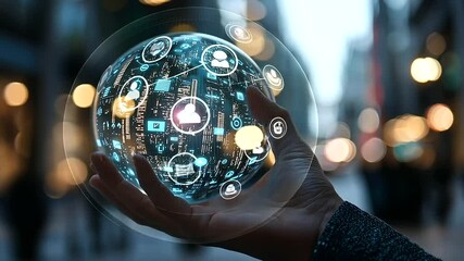 A globe of SaaS icons spinning over a futuristic city - Powered by Adobe