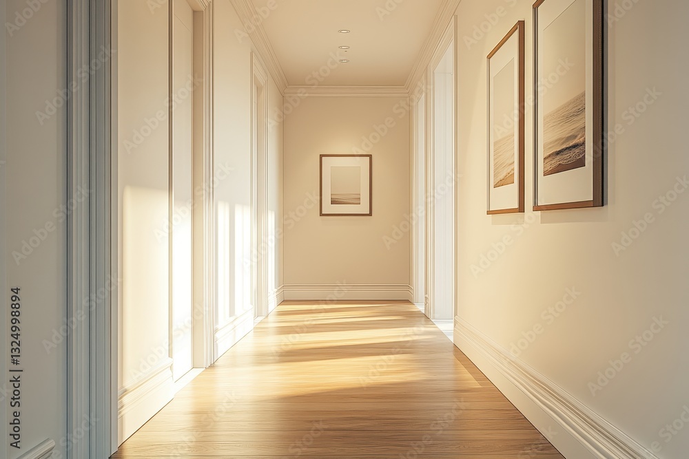 Aufkleber Sunlight streams through a bright hallway adorned with framed artwork, creating a warm and inviting atmosphere in a modern home setting