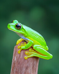 Obraz premium Vibrant green tree frog perched on a log