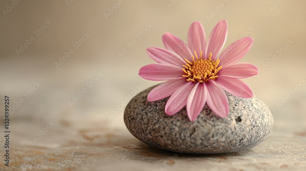 Poster delicate white flower on smooth stone surrounded by pebbles in a tranquil setting