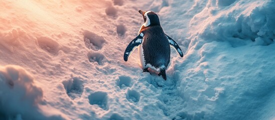 Obraz premium Penguin's Winter Journey: A Solitary Stroll Across Snowy Landscape