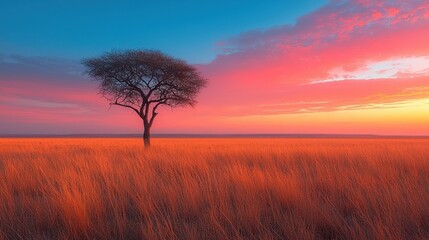 Obraz premium A solitary acacia tree, its branches reaching like gnarled fingers into the azure sky, stood silhouetted against the vibrant backdrop of the savanna, its sparse, sun-baked leaves whispering 