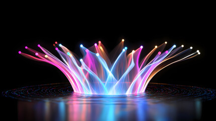 Captivating prismatic fiber optic cables creating a mesmerizing ethereal bioluminescent light display on a sleek jet black surface experimental. Hypnotic Lumens. Illustration