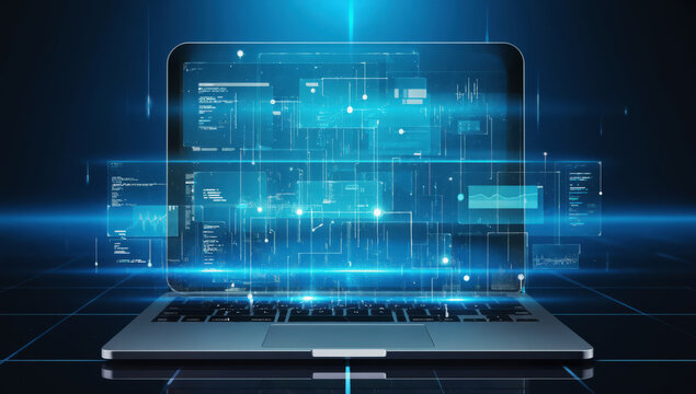 A laptop is open showcasing dynamic data visualizations and digital interfaces, revealing insights into technology, analytics, and programming in a sleek environment