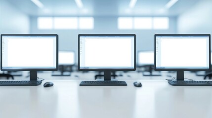 Fototapeta premium Modern Office Workspace with Multiple Computers and Bright Lighting
