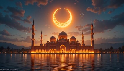 Naklejka premium Majestic Mosque at Dusk with Crescent Moon, Ramadan Celebration