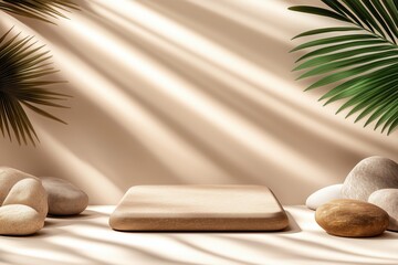 Empty wooden podium displaying products on beige background with palm leaves and stones