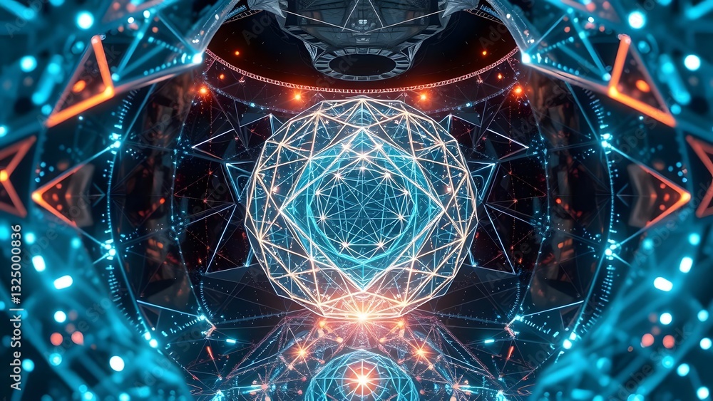 Poster futuristic abstract design featuring glowing geometric patterns and vibrant colors, creating a mysti