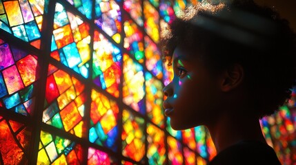 Fototapeta premium A young boy's silhouette, captured in a moment of digital interaction, is depicted as a vibrant Avatar, its black form standing out against the vibrant backdrop of social media, representing 