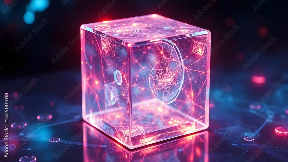 Poster futuristic glowing cube with abstract digital patterns and colors.