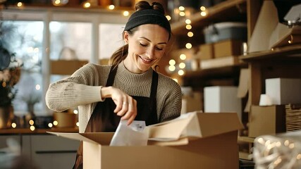 A small business owner packing with care in a cozy workshop