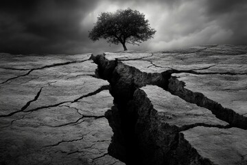A lone tree stands atop a vast, cracked earth, symbolizing resilience amidst desolation under a stormy sky.