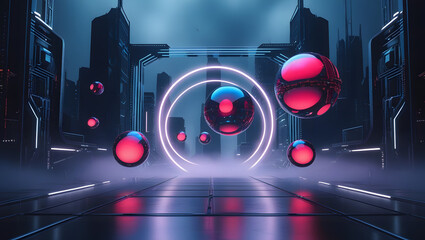 Cyberpunk Gateway with Floating Neon Orbs