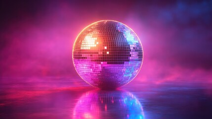 A retro disco ball with neon reflections, soft glow effect