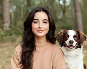 Woman and dog in forest portrait