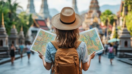Fototapeta premium A Tourist with a Map Exploring a Temple Complex in Thailand