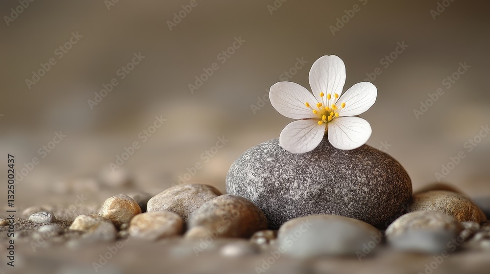 Poster delicate white flower on smooth stone surrounded by pebbles in a tranquil setting