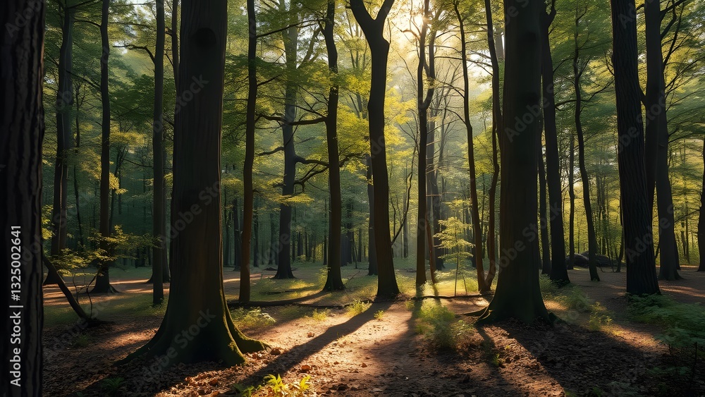 Poster serene forest scene with sunlight filtering through trees, creating beautiful shadows and a peaceful