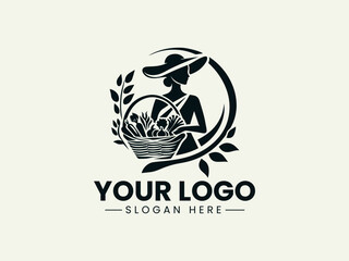 Woman with Vegetable Basket Vector Logo Illustration, Female Farmer Illustration Logo