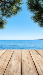 Fototapeta premium Wooden deck overlooking a vast blue sea, framed by pine trees