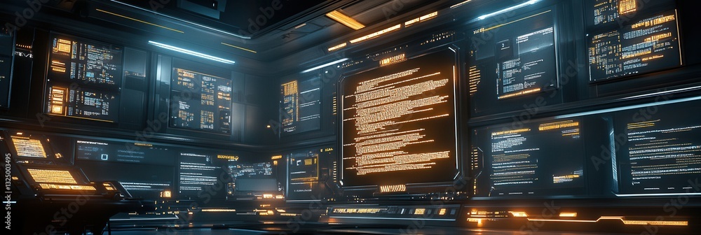 Fototapete futuristic digital coding interface in a dark room featuring glowing screens and golden ratio design