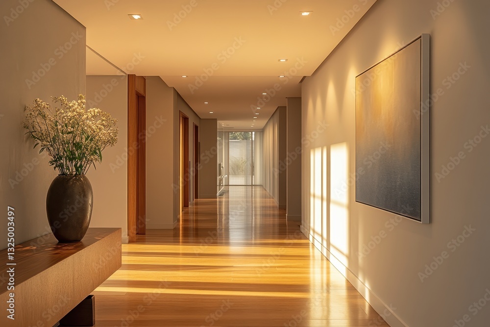 Poster Sunlight streams through a bright hallway adorned with framed artwork, creating a warm and inviting atmosphere in a modern home setting