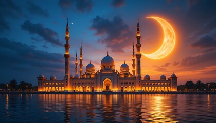 Fototapeta premium Majestic Mosque at Dusk with Crescent Moon, a Stunning Islamic Architectural