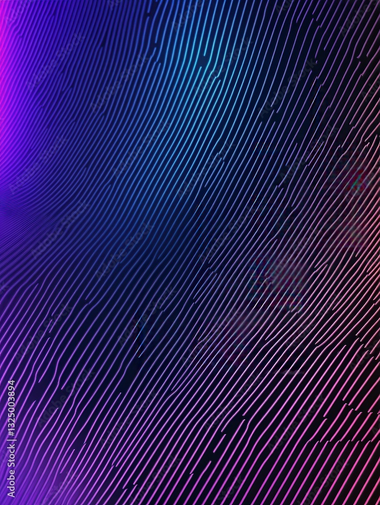 Poster glowing neon lines create abstract digital pattern with grid design in blue and purple shades agains