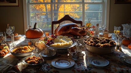 A festive dining table set for a Thanksgiving meal, featuring a turkey and various side dishes.