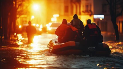 People in a rubber boat during a flood